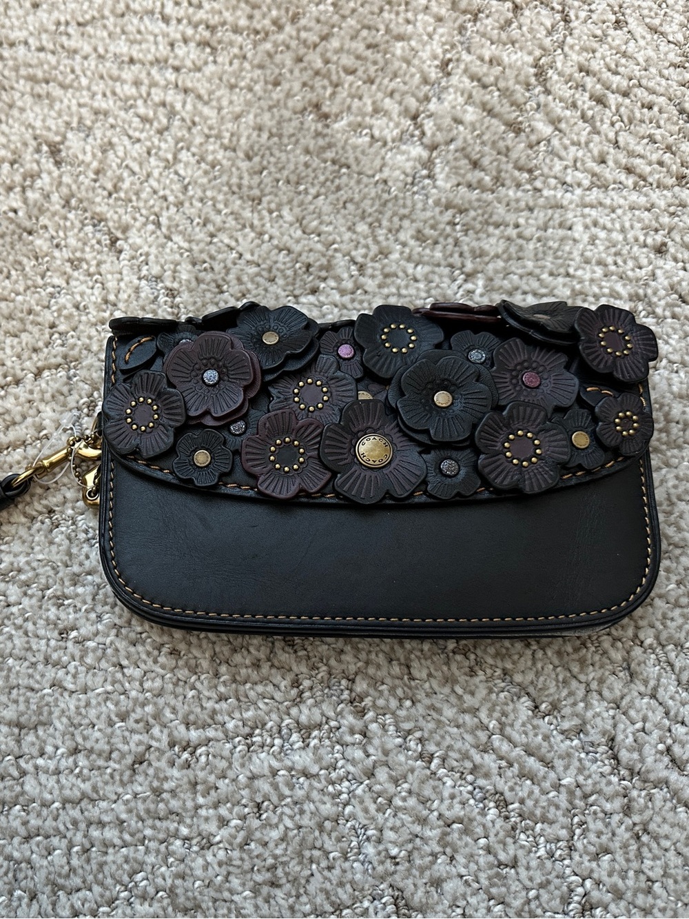Coach Leather Floral Wristlet Pouch - Black - Picture 2 of 12